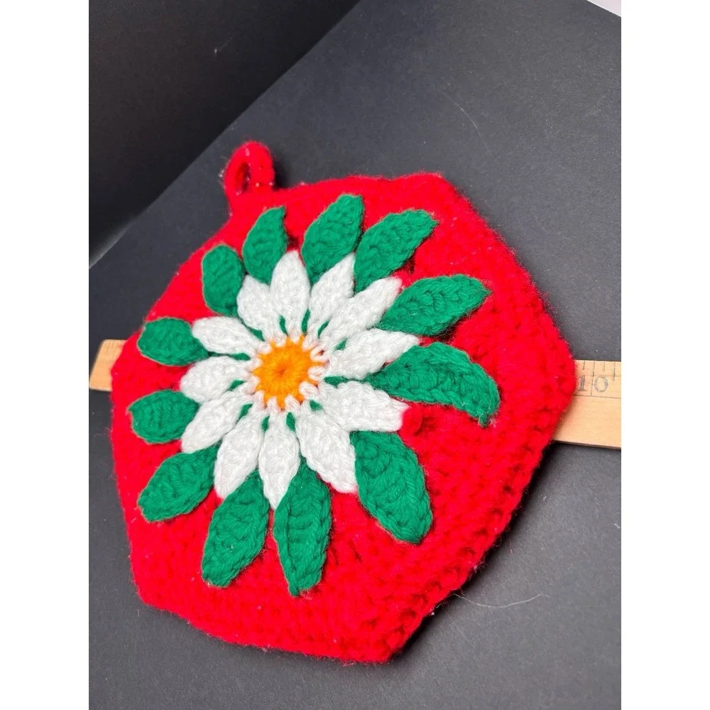 Vintage 2 Crochet Christmas Poinsettia Flower Hot‎ Pad, Holder Or Holiday Decor